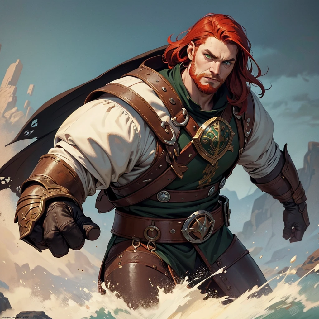 masterpiece, 20 year old young man, redhead with viking features, Full armor clothing in black and red, young and manly face, a corpulent and stylized body, medieval fantasy, Fantasy Art, detailed fantasy digital art, estilo de Fantasy Art, fantasy style art., dark fantasy art, 4K fantasy art, epic estilo de Fantasy Art hd, detail hands, improve hand detail, focus face and enhance eyes, intense green eyes and piercing gaze, in the foreground only, White background