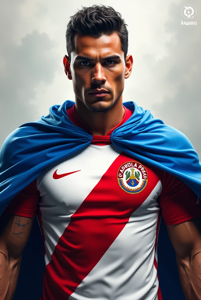 Image of Paolo Guerrero wearing an Alianza Lima jersey and a blue and white cape