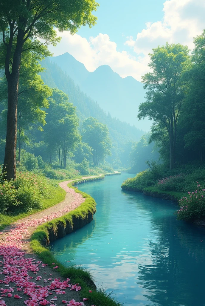 Create a breathtaking landscape with a serene river curving through a lush forest. The trees are vibrant green, and the path alongside the river is lined with soft, pink petals, gently scattered on the ground. The water reflects the surrounding greenery and pink blossoms, creating a mirror-like effect. In the background, there are distant, mist-covered mountains under a calm, cloudy sky. The atmosphere should be tranquil, with a hint of early morning light filtering through the trees."
This prompt should help you capture the essence of the scene.
ChatGPT can make mistakes. Check important info.