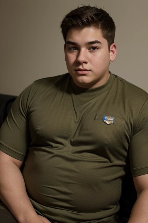  boy, 18 yo, extremely fat, soldier, in military uniform, tight clothing