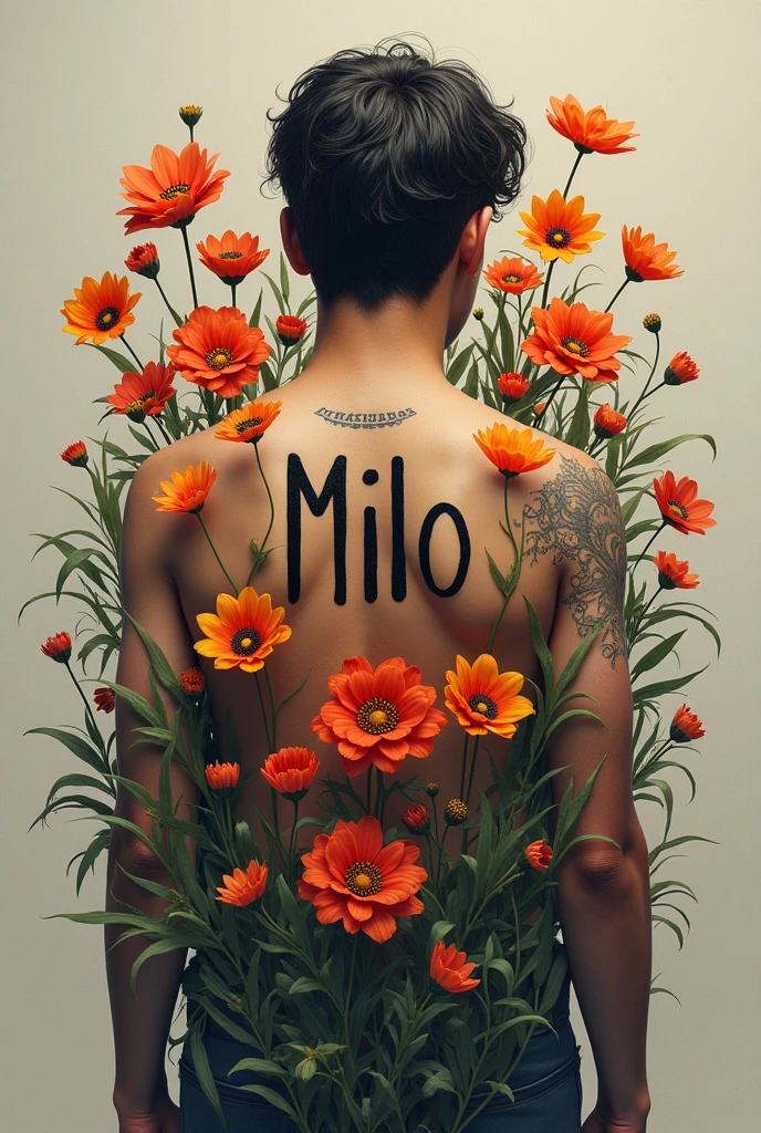 The difficulties of life in bloom with the name Milo as a tattoo with more joy without color 