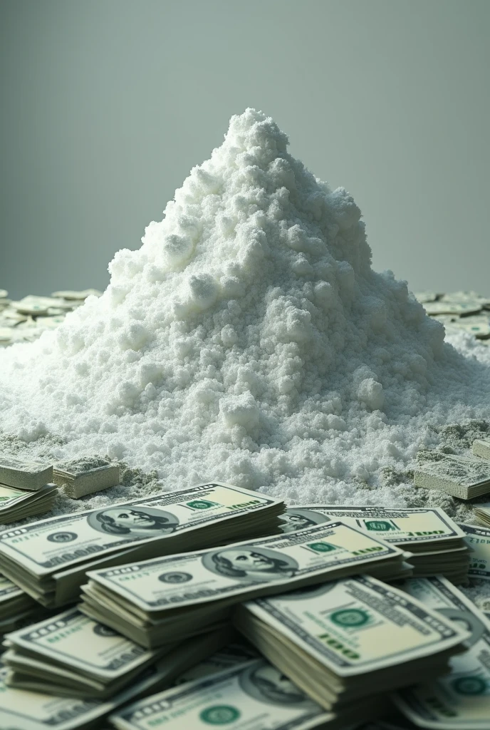 a mountain of cocaine with $100 bills around it


