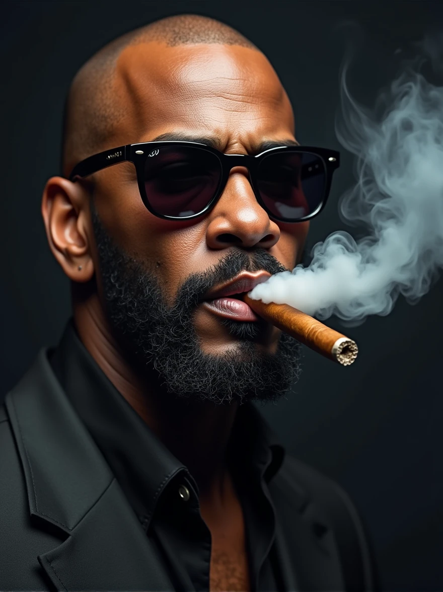 Create a 4k ultra HD, HDR image of a man resembling R. Kelly smoking a cigar. The man should have a bald shave and a nicely trimmed beard. He is wearing sunglasses, and smoke is coming out of his mouth. The image should be in high resolution, capturing all the fine details like the texture of his skin, the smoke’s movement, and the reflection on his sunglasses. The overall vibe should be intense and stylish, with a focus on the realism of the smoke, beard, and sunglasses.