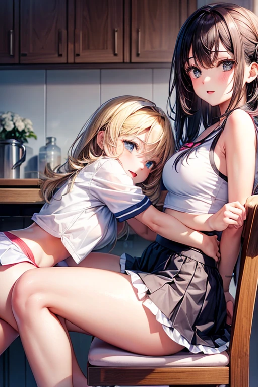 Two girls spreading their legs wide open while sitting on barstool cushion, tennis-wear, skirt, white panties