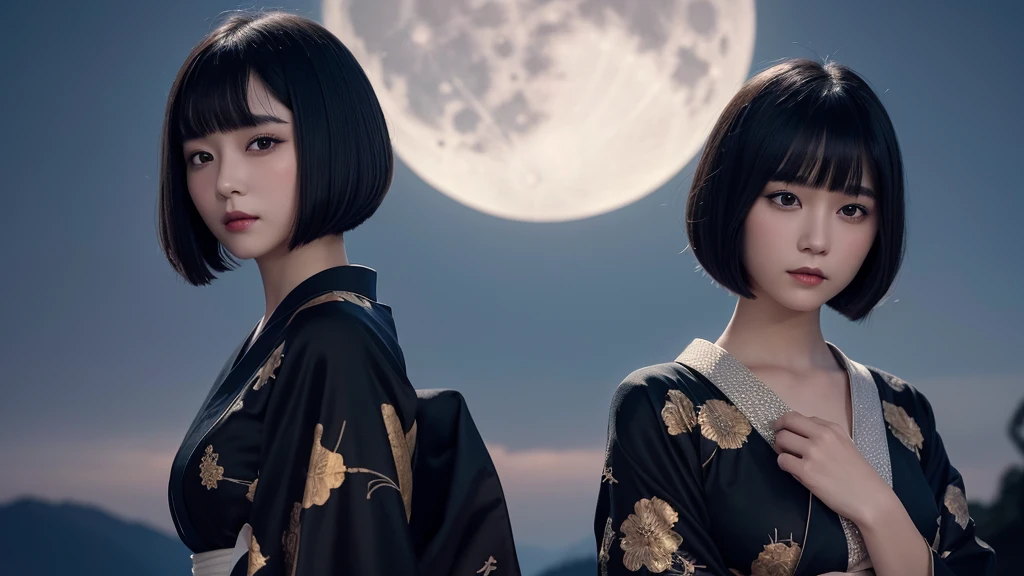 Delicate and dainty young woman with shiny bob-cut black hair . She is wearing gaudy kimono. In the background is a fantastic and ethereal night sky with the moon. Her expression is stern and atmospheric. Angle from directly below.