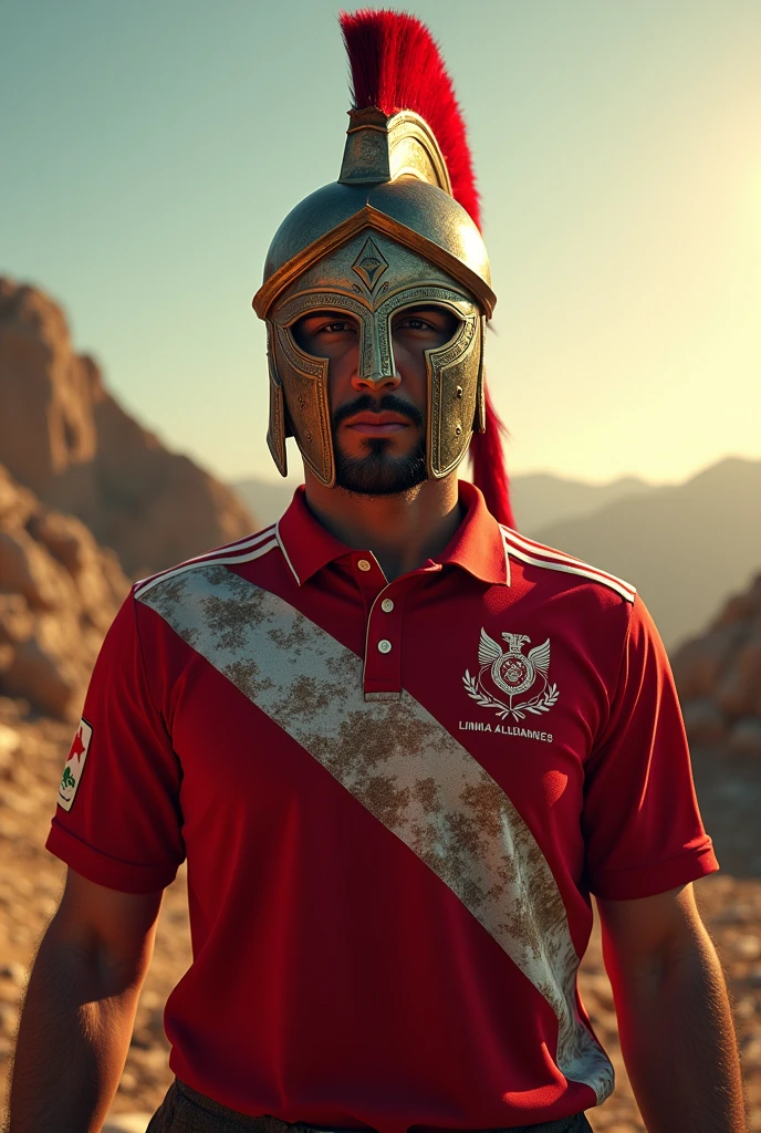 Image of Paolo Guerrero with a Lima Alliance polo shirt and Leonidas helmet from the 300s