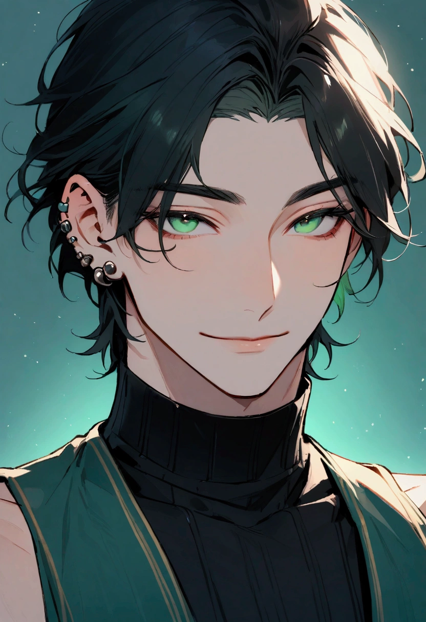 (Portrait) handsome man, twenty four years, long black hair, jade green eyes, gentle and cheerful expression, Caucasian skin (appealing), three piercings in the left ear, sleeveless black turtleneck shirt