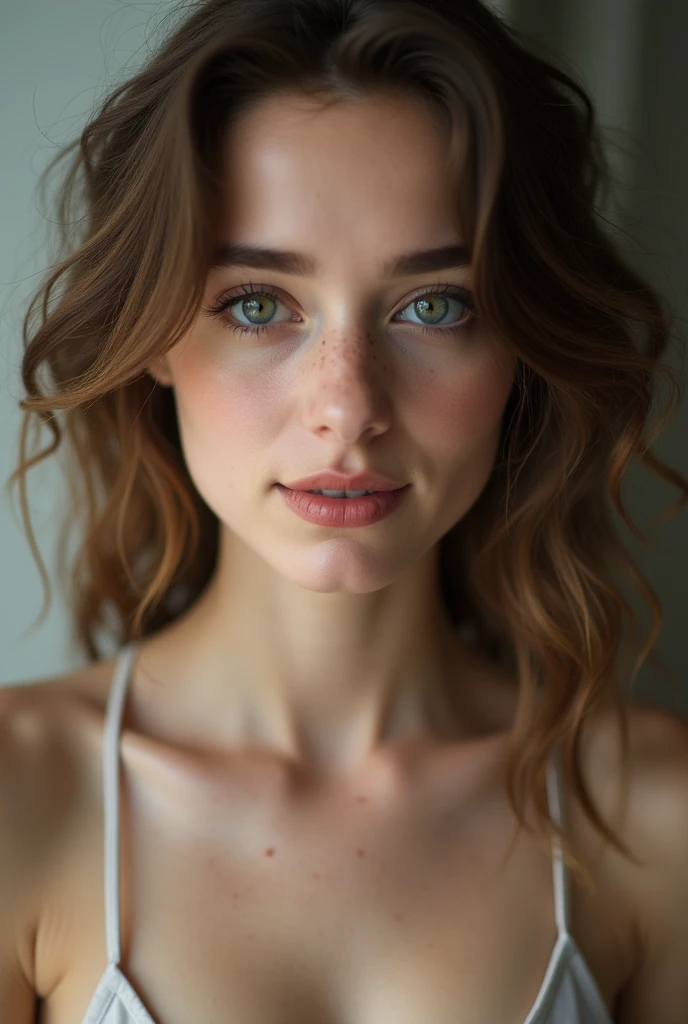 A 25-year-old young woman with white skin, light green eyes, thick, heart-shaped, fleshy lips with a mole on the right side, near her lip, curly brown hair, full-length, thin in a sexual pose, very thin showing her vagina.