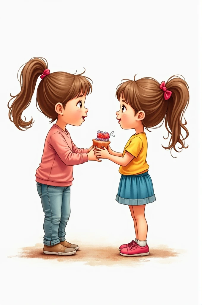 Drawing of a preschool girl with her hands in front of her, joined together., handing out a candy