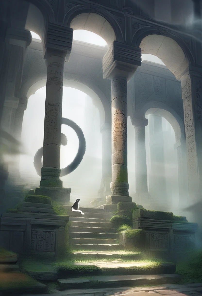 ((Masterpiece)), ((Best Quality)), (Very Detailed), ((Very Detailed)), 4K, (8K), very aesthetic, absurdres highres, 1 woman, (anthropomorphic cat, furry, kemono:1.5), At dusk on a cloudy day, soft, warm light illuminates the ancient ruins. The stone pillars have cracks and moss growing on them. The fog rolls in and silhouettes emerge. There is a quiet atmosphere that makes you feel the solemnity and weight of history. Proposed between the stone pillars are stone tablets with ancient carvings, the surfaces of which are carved with weathered letters. A stone staircase reminiscent of its former glory can be seen in the mist, and at the top of the staircase stands a stone arch that appears to be part of a former temple. Every time the wind blows, the scent of moss wafts in the air and the mist moves slowly.
