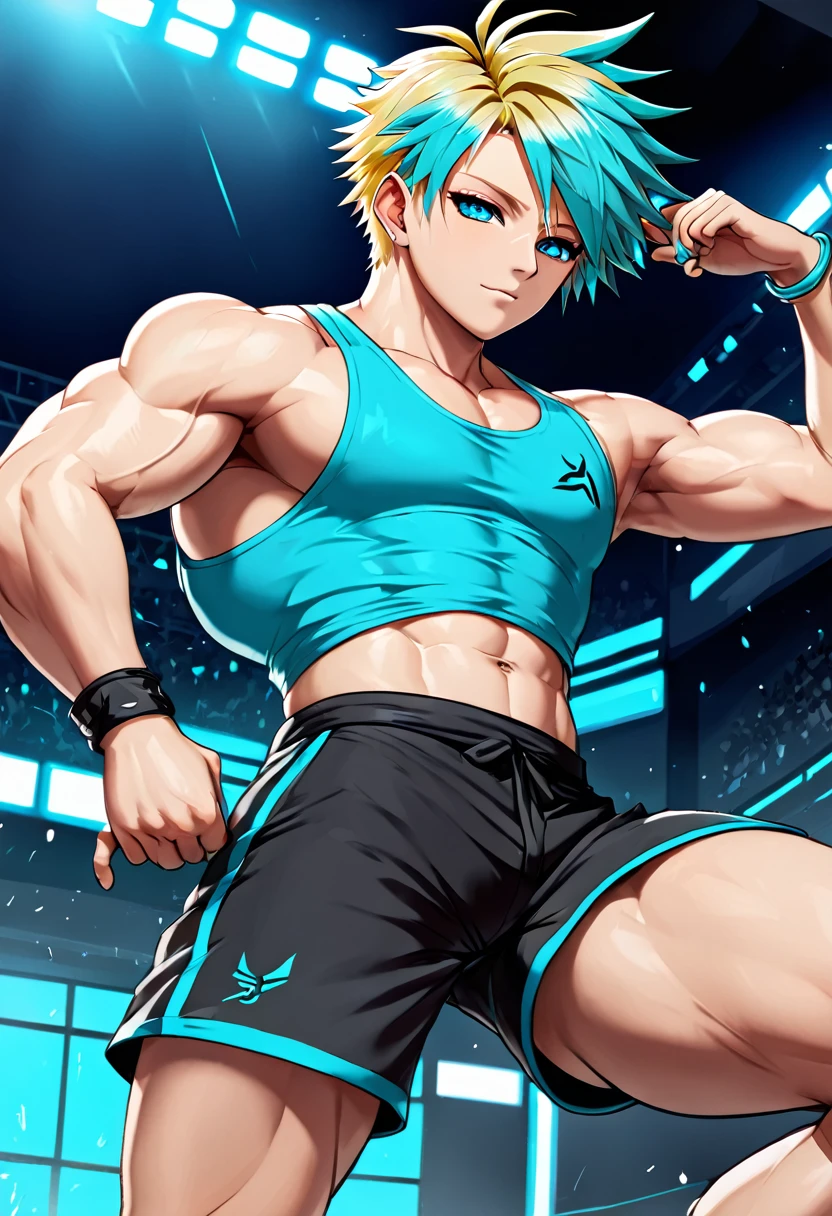 Concert Hall,Kagamine Len,short hair,Short Ponytail,Spiked Hair,Aqua Eye,Abnormally large muscles