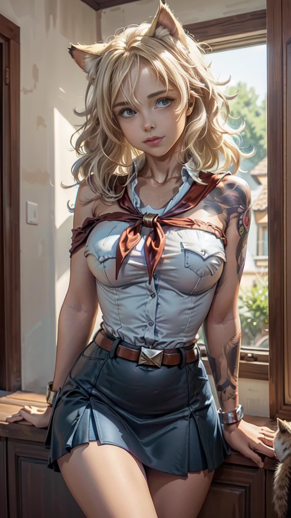 very young slim fit girl, full height, rounded face, (long curly disheveled blond hair:1.4), big blue eyes, shy smile, perfect medium breast, band on head with fake cat ears, monroe, pioneer neckerchief, short tight blue pleated skirt, bangs, tight white shirt, short sleeves, collared shirt, belt, red neckerchief, breast pocket, RAW, high detailed skin, 8k uhd, soft lighting, (masterpiece), (best quality:1.2), thick outlines, (vibrant shadows), deep shadows, detailed eyes, full height, (high quality), high detailed background, high detailed face, high detailed finger, tatoogirl, shoulder arm tattoo