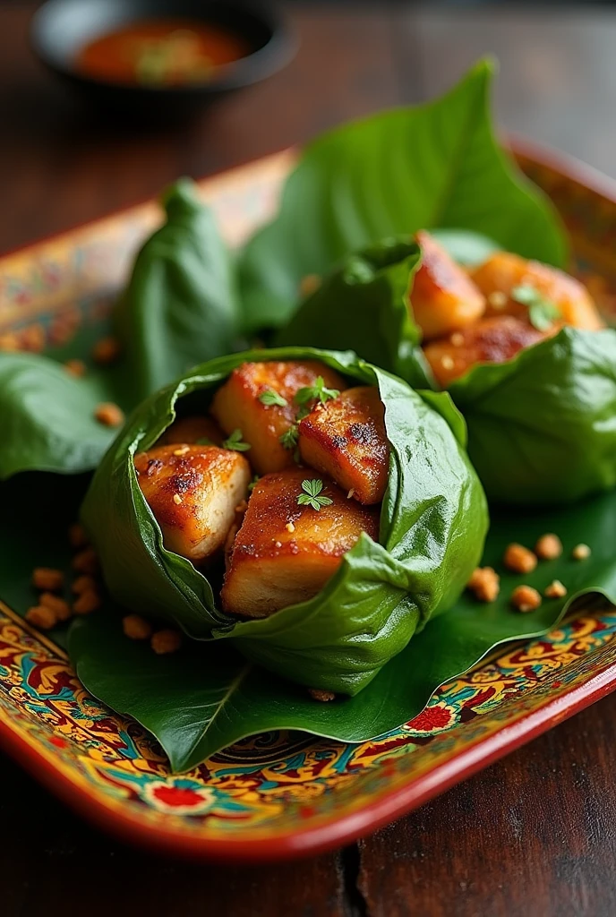 Grilled pork wrapped in banana leaves, placed on a Thai-patterned tray