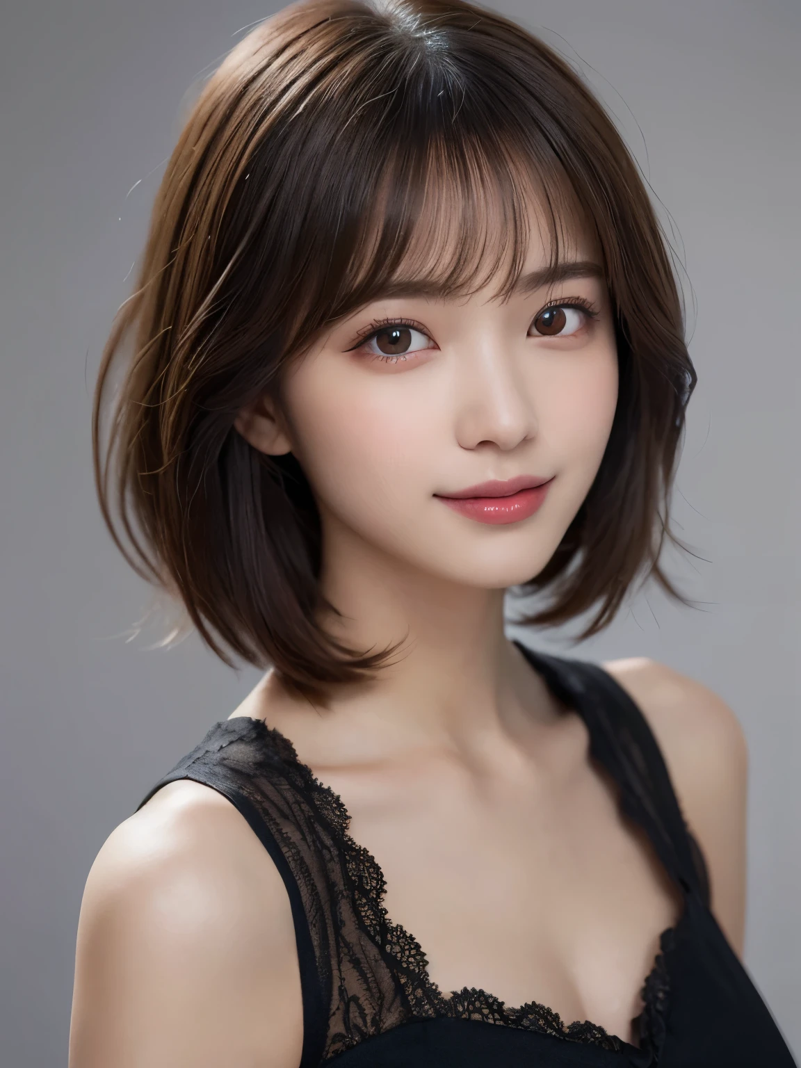 white background, half body portrait, bust shot, looks very happy, smile, one girl, (a beauty girl, delicate girl:1.3), (20 years old:1.3), break, (dress up as first lady), break, very fine eyes, (symmetrical eyes:1.3), break, D cup breasts, brown eyes, parted bangs, short hair, brown hair, (eyes and faces with detailed:1.0), break, (masterpiece, best quality, ultra detailed, detailed face, 8k)