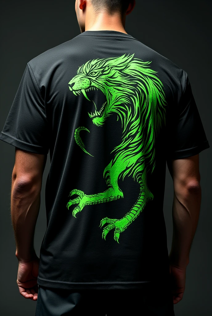 Make me a black team shirt with a green tiger on the back, half with fur and half just bones, with an Iranduba symbol.