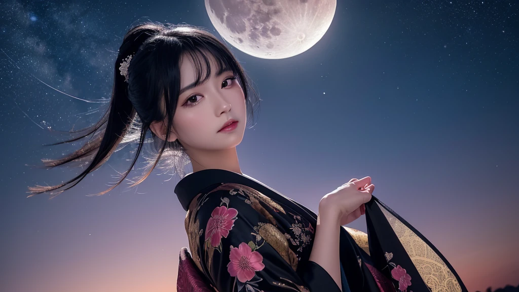 Delicate and dainty young woman with shiny black hair . She is wearing gaudy kimono. In the background is a fantastic and ethereal night sky with the moon. Her expression is stern and atmospheric. Angle from directly below.
