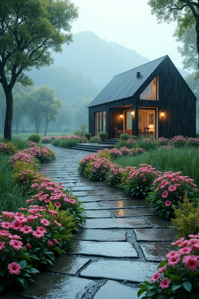 A serene garden pathway on a rainy day, lined with vibrant pink flowers and lush green bushes. The stone path is wet and reflective, leading to a charming, modern house with a dark, slanted roof. The surrounding greenery includes various trees and shrubs, giving a peaceful, secluded atmosphere with misty mountains faintly visible in the background."