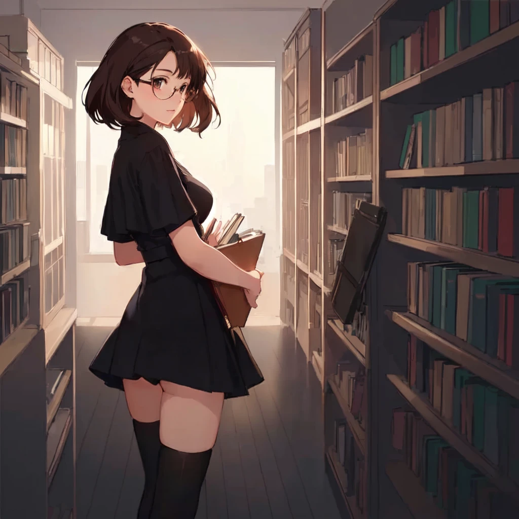 a woman in glasses is standing in a library with books, librarian, the librarian, lofi portrait, lofi girl, in a library, digital anime illustration, anime moe artstyle, 🤤 girl portrait, library background, lofi artstyle, background = library, artwork in the style of guweiz, anime girl wearing a black dress, in an anime style.  Her skirt is short almost show you her butt and underwear.