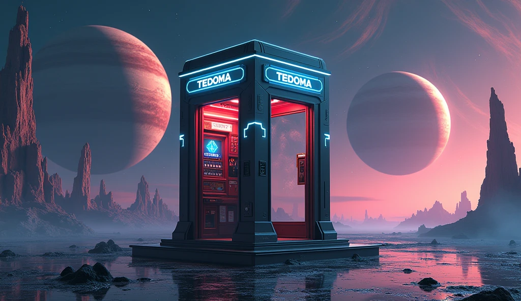 There is a phone booth with planets in the background, rendered in keyshot, location is inside, cabine cyberpunk, futuristic cabins, represented as a 3D rendering, 3D rendering beep, portal in space, police box, written TEDOMA, promotional rendering, sci-fi magic highly detailed, not beeple style, sci-fi vending machine,