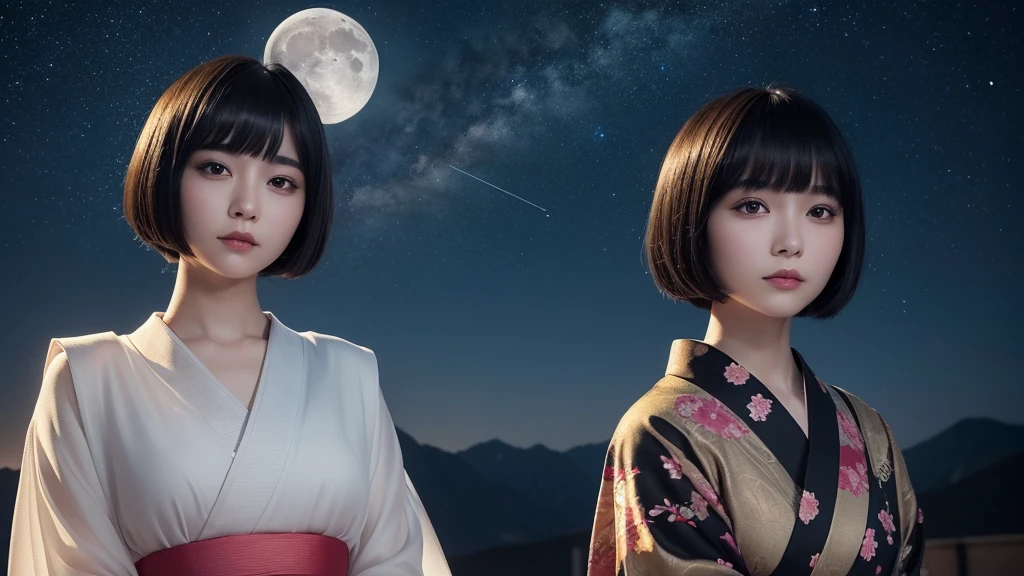 Delicate and dainty young woman with shiny bob-cut black hair . She is wearing gaudy kimono. In the background is a fantastic and ethereal night sky with the moon. Her expression is stern and atmospheric. Angle from directly below.