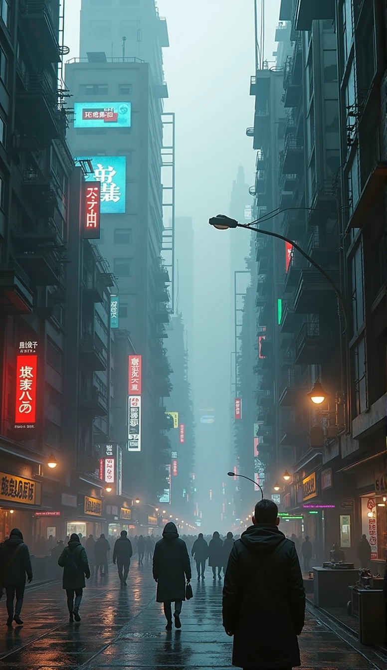 cyberpunk scenario, people, skyscrapers, colorized neon lights, somber atmosphere