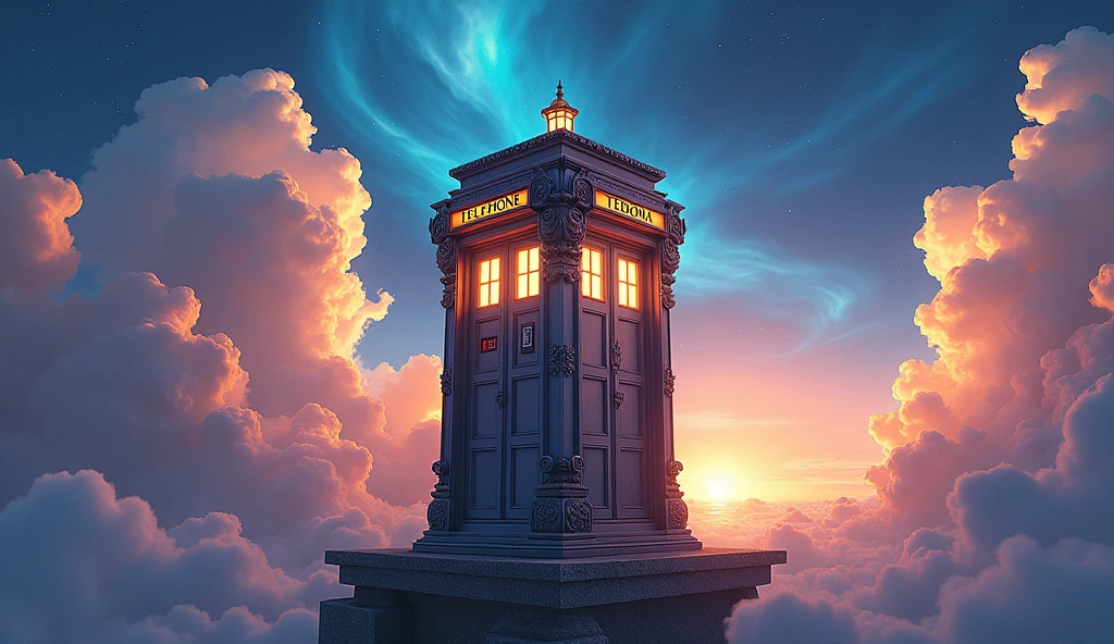 Image generated of a telephone booth with a sky background, Promotional Art BBC, by Wayne England, Fantastical telephone booth, Written on top of the booth TEDOMA, fancy, 3840x2160, 3840 x 2160, por Derek Hill, Dr. Quem, por Jason Benjamin, Direction: Steve Prescott
