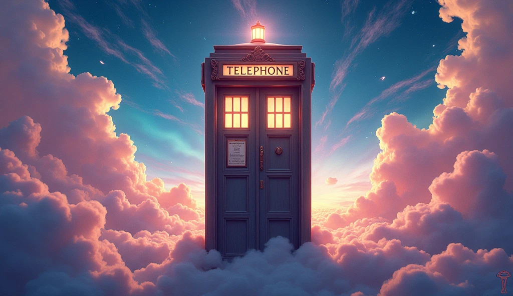 Image generated of a telephone booth with a sky background, Promotional Art BBC, by Wayne England, Fantastical telephone booth, Written on top of the booth TEDOMA, fancy, 3840x2160, 3840 x 2160, por Derek Hill, Dr. Quem, por Jason Benjamin, Direction: Steve Prescott