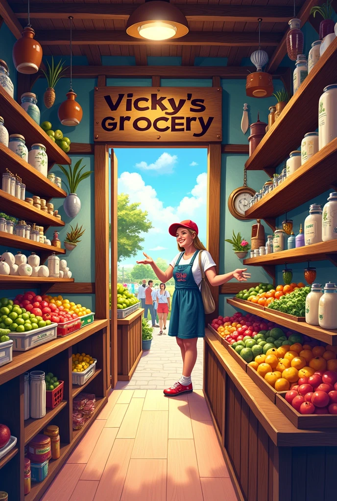 create a painting of a grocery store where they sell (fruits, vegetables, dairy products, pots and pans, handicrafts ) with bright colors and the title “Vicky's Grocery”