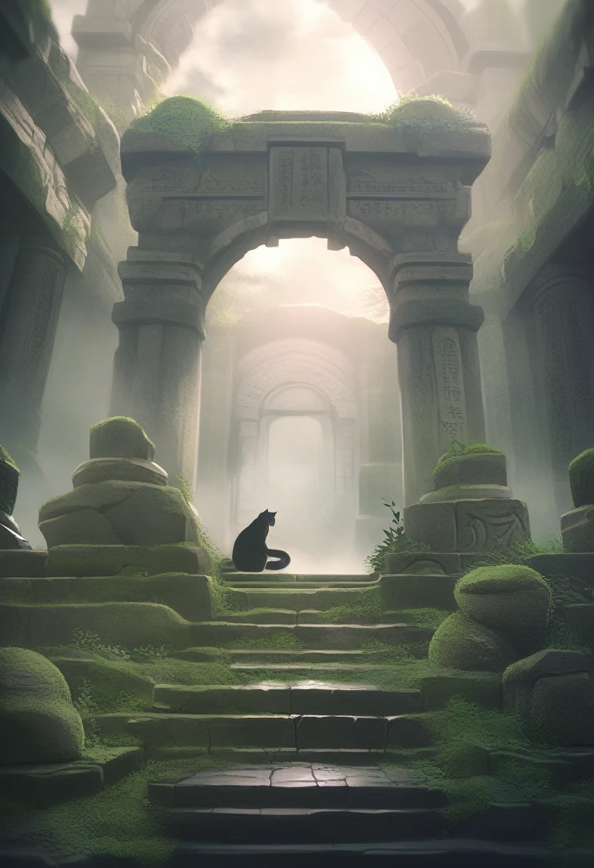 ((Masterpiece)), ((Best Quality)), (Very Detailed), ((Very Detailed)), 4K, (8K), very aesthetic, absurdres highres, 1 woman, (anthropomorphic cat, furry, kemono:1.5), At dusk on a cloudy day, soft, warm light illuminates the ancient ruins. The stone pillars have cracks and moss growing on them. The fog rolls in and silhouettes emerge. There is a quiet atmosphere that makes you feel the solemnity and weight of history. Proposed between the stone pillars are stone tablets with ancient carvings, the surfaces of which are carved with weathered letters. A stone staircase reminiscent of its former glory can be seen in the mist, and at the top of the staircase stands a stone arch that appears to be part of a former temple. Every time the wind blows, the scent of moss wafts in the air and the mist moves slowly.
