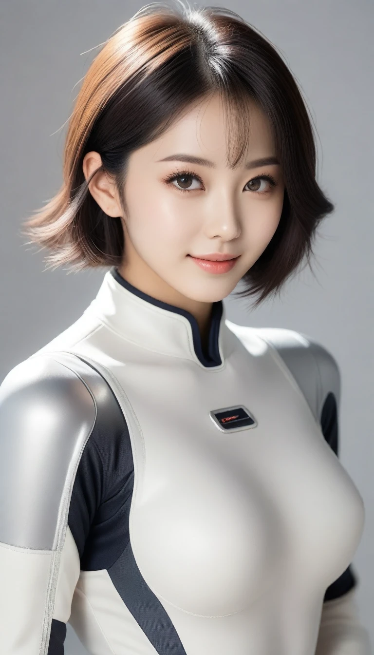 8k, Ultra-high resolution, Highest quality, masterpiece, 三分割法によるphotograph,Surreal, photograph, 1 , (:1.3), cute, cute顔, 細部までBeautiful Eyes, 細かくdetailedに,masterpiece,One Girl:1.2,Japanese women,Young Wife,upper body,smile,Black Short hair,Straight hair,(Space Suit:1.3),(Beautiful attention to detail),Subtle details, detailedな顔, smile,魅力的なsmile,Gray background,(ポートレートphotograph:1.4),(Photorealistic images:1.4),Fantasy art,(Beautiful Face:1.4),Beautiful and attractive eyes、Beautiful Eyes、(Tight waist:1.4)、(Beautiful with perfect body proportions:1.4),Pink Lips,(((Ideal body type))),A-cup small breasts :2,Perfect Anatomy、鮮明なdetailed、detailed,Fashion magazine cover,Thin lips,完璧でBeautiful Face ,完璧でcute顔, Skin with attention to detail, Perfect limbs、Narrow waist,Surreal,Light and shadow,spotlight