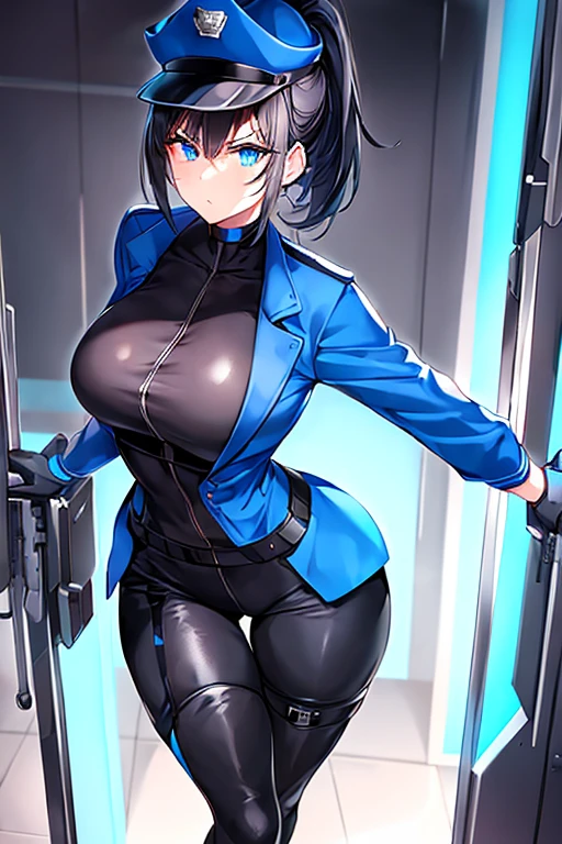 1girl, black hair, short hair, ponytail, long ponytail, blue eyes, large breasts, toned, hourglass figure, serious, blue jacket, bodysuit, black bodysuit, policewoman, police hat, police, neon, neon trim, futuristic, science-fiction, machinery, tech, full_body, ((full body)), standing, high heels