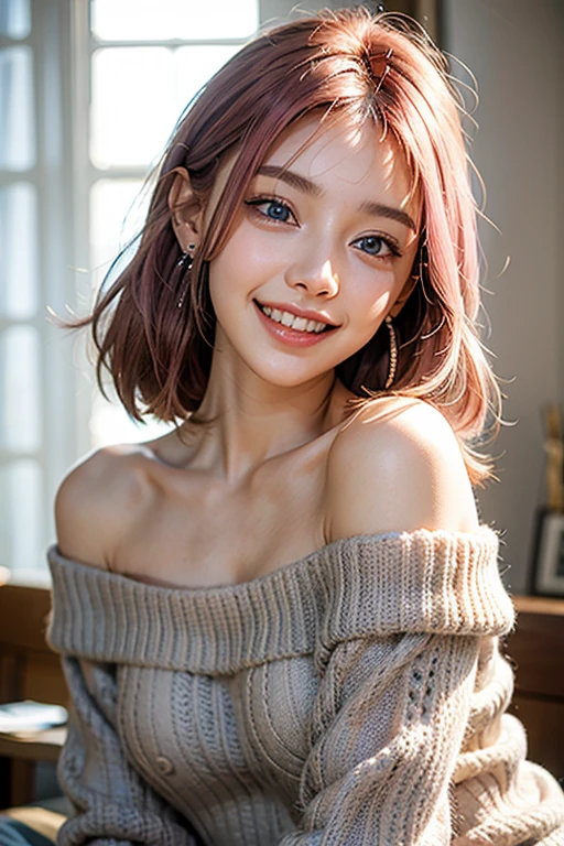 highest quality, masterpiece, Ultra-high resolution, (Realistic:1.4), (Close-up portrait) RAW Photos, 1 girl,23 years old,((I'm showing my teeth and smiling)),((Big smile)),((look up)),((Random cute poses)),,((Passionate pink haired girl )),((wearing oversized offshoulder gray sweater,overly long sleeves thin fabric sweater:1.2)),Short Bob Hair、((Cap Chestnut)),((Short bangs)),Realistic,Image Media Chest))big breasts.nipples.no bra.slender.
deep blue eyes.earrings.