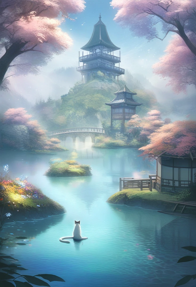 ((Masterpiece)), ((Best Quality)), (Very Detailed), ((Very Detailed)), 4K, (8K), very aesthetic, absurdres highres, 1 woman, (anthropomorphic cat, furry, kemono:1.5), Amidst the morning mist, reflected blue light illuminates the magical lake. Ripples spread across the surface of the lake, and a boat floats in the mist. The reflections on the lake's surface are beautiful, creating a peaceful and magical tranquility. Around the lake, colorful flowers bloom, their outlines vague in the mist. Old-fashioned lanterns are lit on top of the boat, and the soft light casts magical shadows through the mist. There is a small island in the depths of the lake, and an old stone tower stands on the island. On top of the tower is a flag waving in the wind, making a faint sound.