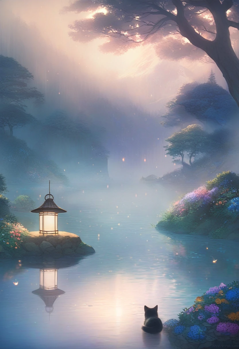 ((Masterpiece)), ((Best Quality)), (Very Detailed), ((Very Detailed)), 4K, (8K), very aesthetic, absurdres highres, 1 woman, (anthropomorphic cat, furry, kemono:1.5), Amidst the morning mist, reflected blue light illuminates the magical lake. Ripples spread across the surface of the lake, and a boat floats in the mist. The reflections on the lake's surface are beautiful, creating a peaceful and magical tranquility. Around the lake, colorful flowers bloom, their outlines vague in the mist. Old-fashioned lanterns are lit on top of the boat, and the soft light casts magical shadows through the mist. There is a small island in the depths of the lake, and an old stone tower stands on the island. On top of the tower is a flag waving in the wind, making a faint sound.