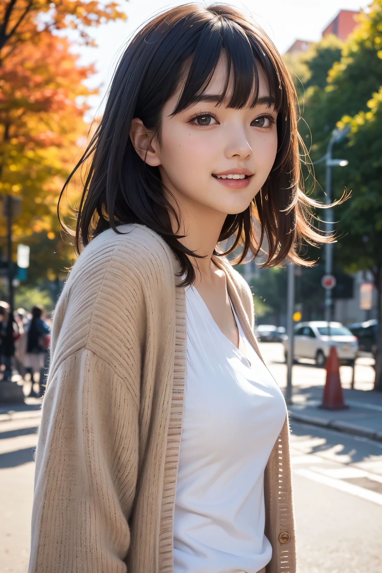 1girl, (16years old), solo, standing, (tiny body:1.2), medium breasts, upper body, from side, looking at viewer, ((masterpiece)), ((extremely detailed face)), best-quality, hyperrealistic, high-resolution, intricate detail,(beautiful detailed eyes and lips), (best-shadow an extremely delicate and beautiful), beautiful white skin, perfect anatomy, (smile:1.2), (open mouth), medium length hair, straight hair, blunt bangs, (floating hair:1.2), (blowing:1.1), good ray, cardigan, street, autumn leaves, red sun set, good rays, backlit