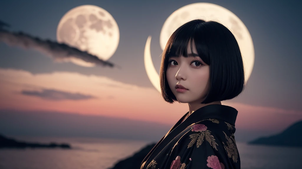 Delicate and dainty young woman with shiny bob-cut black hair . She is wearing gaudy kimono. In the background is a fantastic and ethereal night sky with the moon. Her expression is stern and atmospheric. face closeup