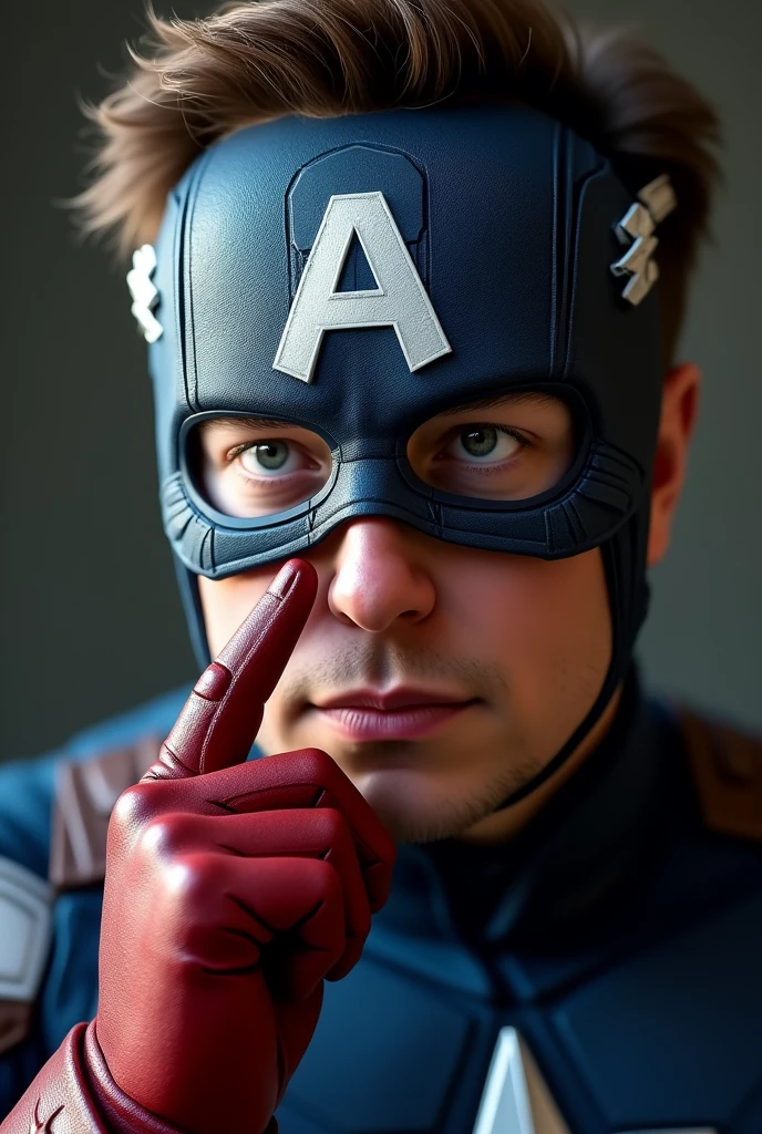 (CRU photo:1.2), (photorrealistic:1.4), Elon Musk wearing Captain America outfit, nor the mask, with his index finger inside his right nostril looking for a booger, very detailed eyes and face, beautiful detailed eyes, whole body, 4k resolution, high quality model, high détail, High definition, light on the face, cinematic lighting.