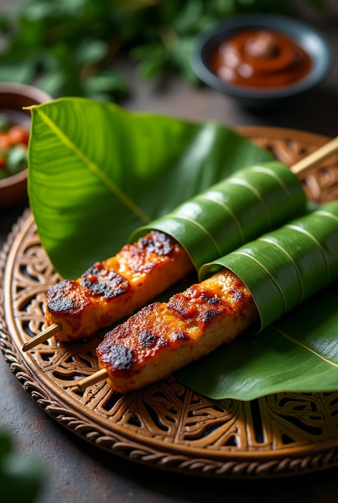 Banana leaves wrapped around grilled pork skewers, placed on a tray with Thai perforated patterns at a ceremony.