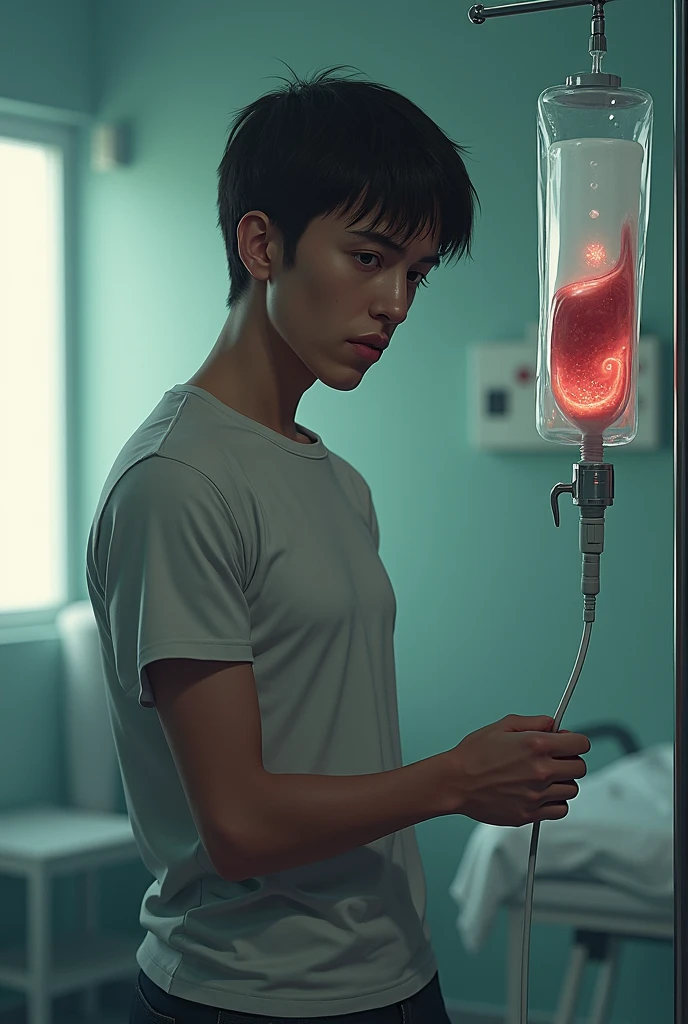 Person standing taking IV drip into sick vein