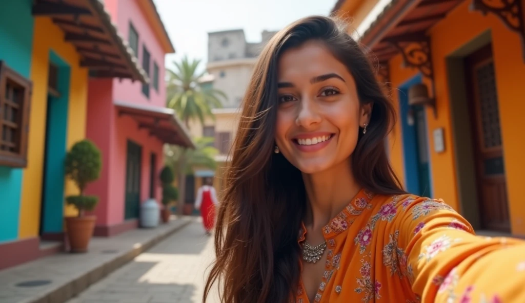 Create a vibrant and lively YouTube thumbnail featuring a 21-year-old cute Pakistani desi girl taking a selfie. She should have a cheerful expression, with a slight tilt of her head and a playful smile. The background can include a colorful, lively street scene or a cozy indoor setting with traditional Pakistani decor elements. Make sure her outfit reflects modern desi fashion, with bright colors and intricate patterns. Add subtle text like 'Daily Vlogs' or 'Selfie Time!' in a fun, youthful font that complements the overall joyful vibe of the thumbnail.
