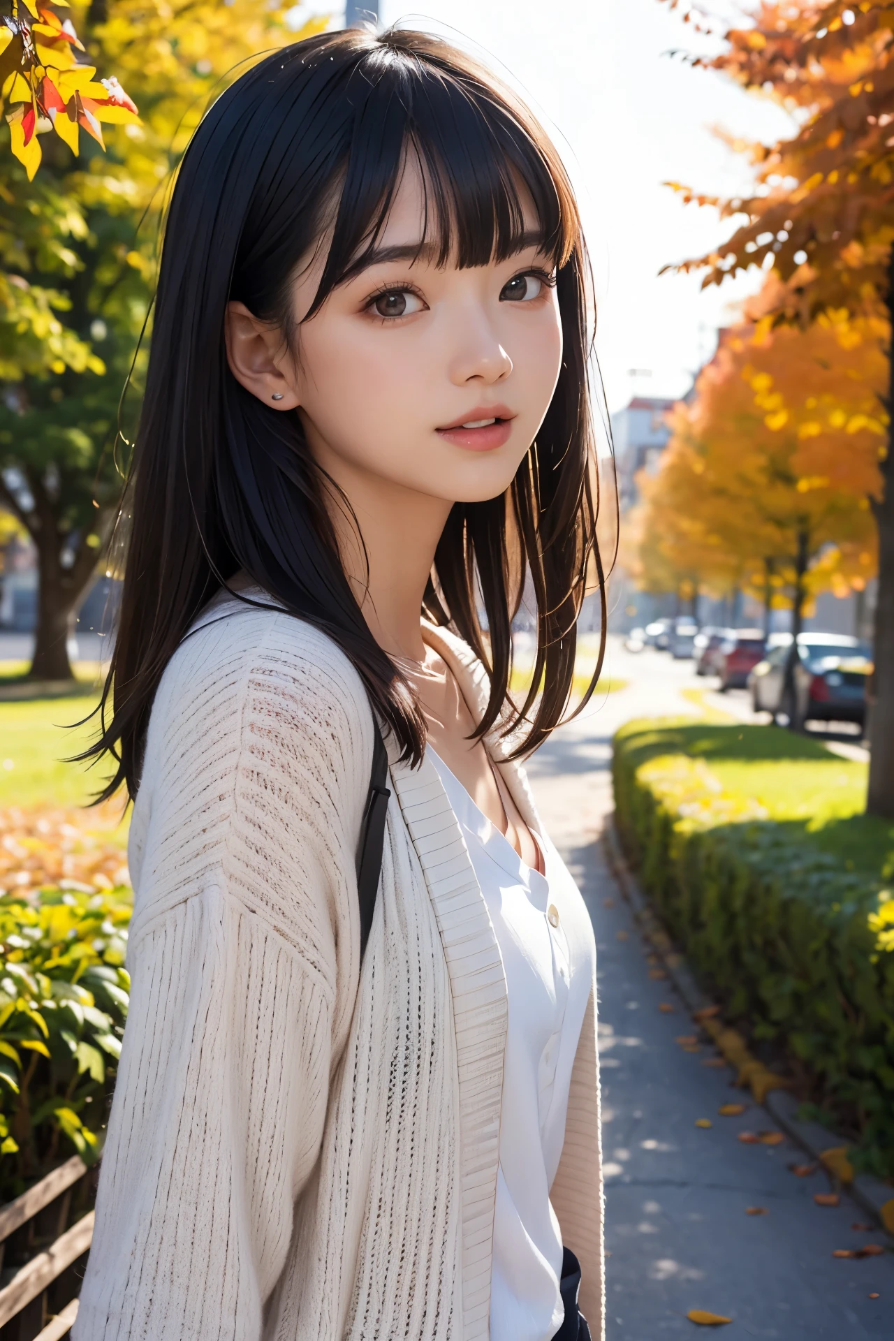 1girl, (16years old), solo, standing, (tiny body:1.2), medium breasts, upper body, from side, looking at viewer, ((masterpiece)), ((extremely detailed face)), best-quality, hyperrealistic, high-resolution, intricate detail,(beautiful detailed eyes and lips), (best-shadow an extremely delicate and beautiful), beautiful white skin, perfect anatomy, smile, open mouth, medium length hair, straight hair, blunt bangs, floating hair, blowing, good ray, cardigan, street, autumn leaves, sun set, good rays
