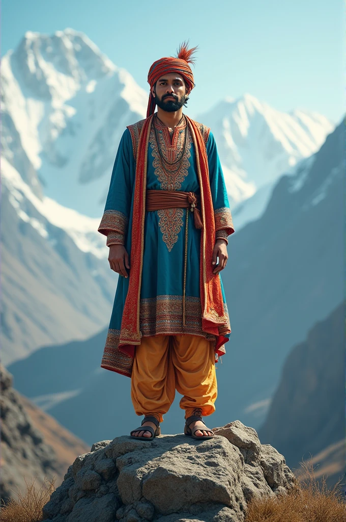 A 24 year old boy standing on a mountain rock wear desi dress with gilgit Cap 
