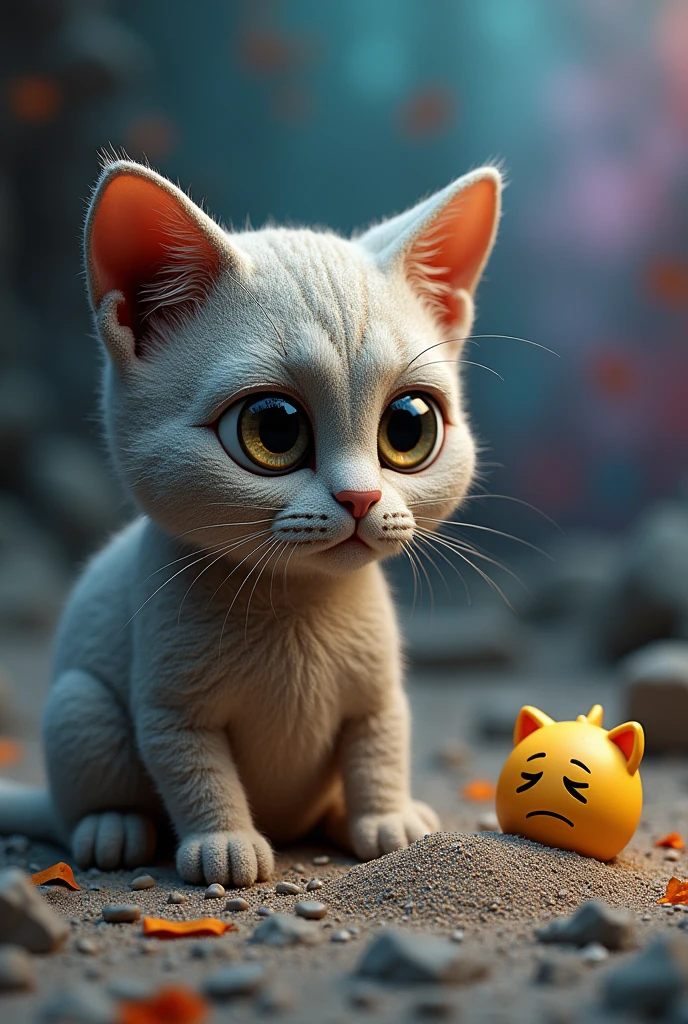 a cat litter bentonite  with a surprised look on his face, behance, pop surrealism, 3 d epic illustrations, sad emoji, huge-eyed, sad scene