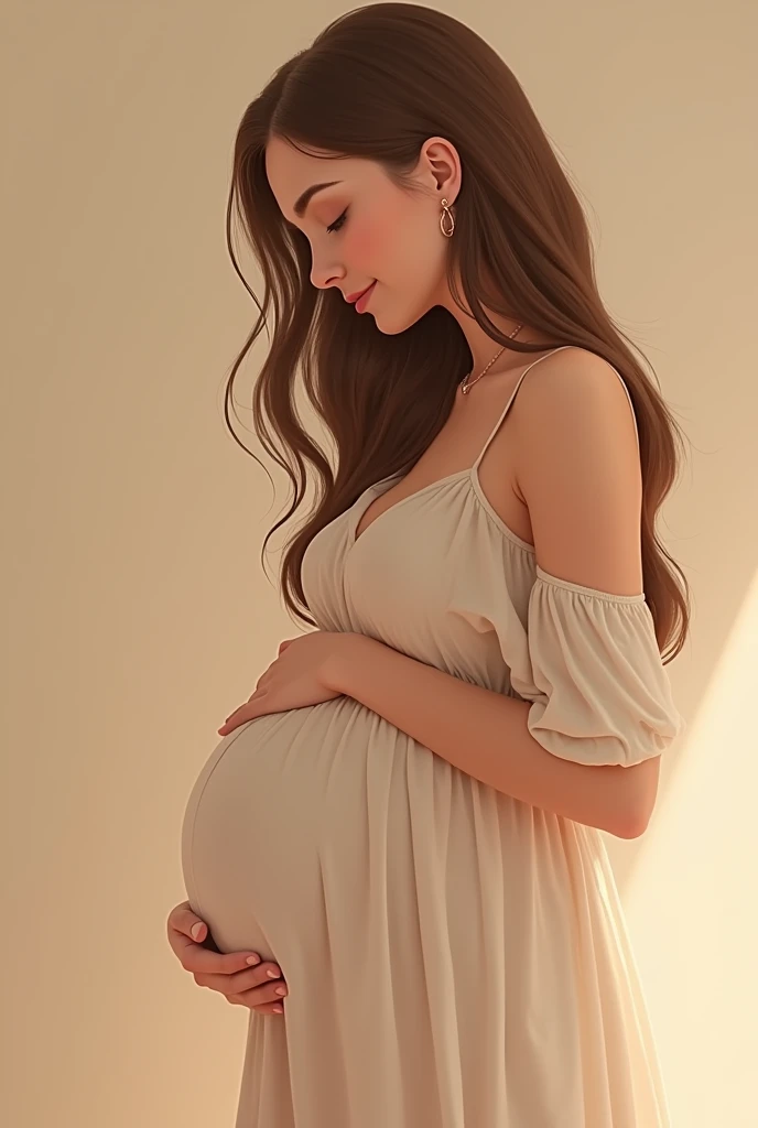 A young woman with a kind face, long straight hair in light brown tones.
Modern clothing style, like a loose and elegant dress.
A loving pose, holding her belly with a serene expression.
Minimalist and warm background.