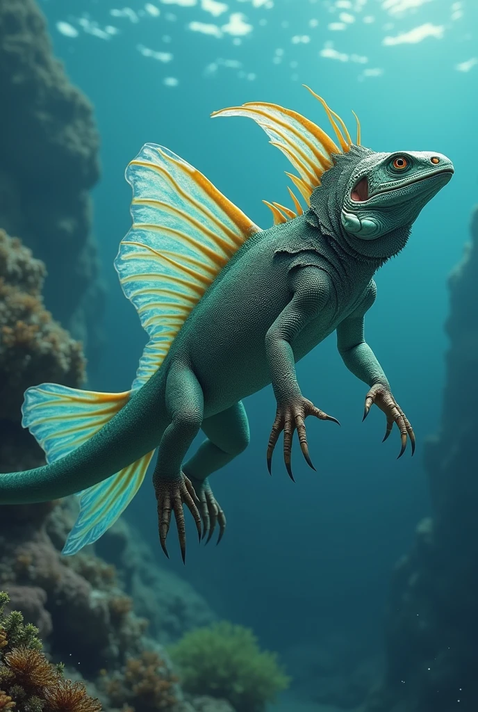 Could you please make an image of a new evolved species that is a combination like the evolution of an iguana that later became marine, please, with fins that have similarities to a fish, but it's a lizard, please, with fins like those of a fish, please, but its parts are not so different and change the shapes of its heads and its hands are different, as are its legs.