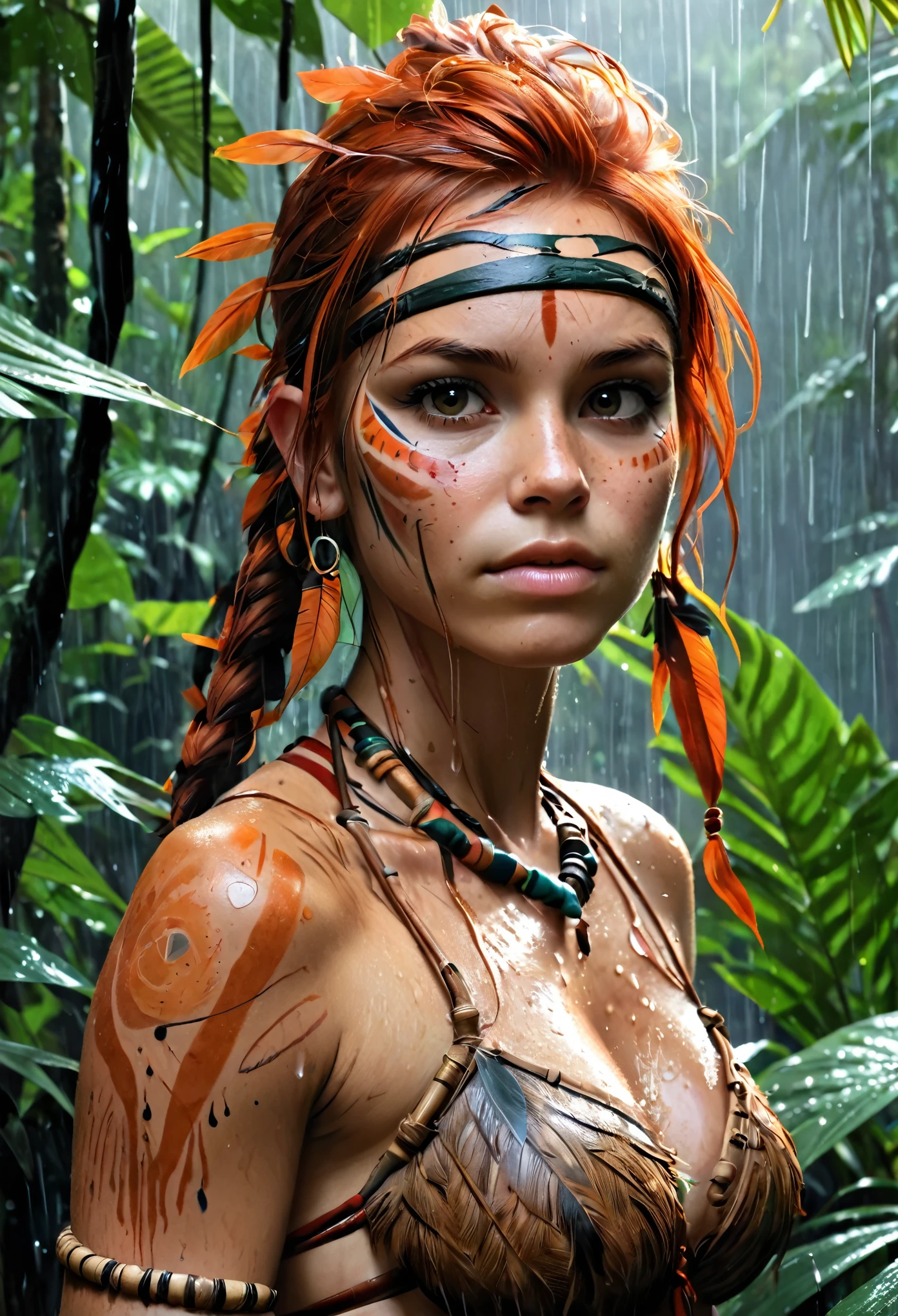 Color ink pen hand drawing, vector graphics design, (cute woman), copper hair, (savage, jungle, tribal, wet), (marks, tatoo), small breasts, barefoot, rainforest, rain, downpour, from above