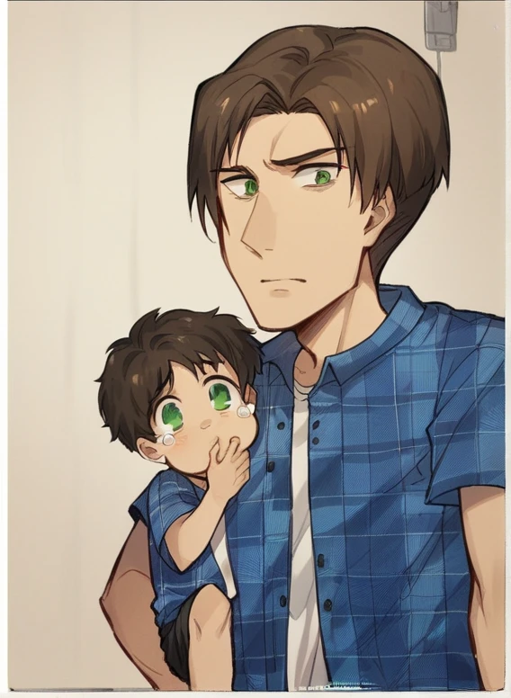 20 year old guy, dark brown hair, curtain style haircut with bangs parted in the middle, bright green eyes, neutral expression, Blue plad flannel short sleeve shirt,
He is holding a baby boy with dark brown hair, curtain style haircut with bangs parted in middle, bright green eyes, tears in corners of babys eyes, blue plad flannel short sleeve, black shorts, right thumb in the babys mouth and change background