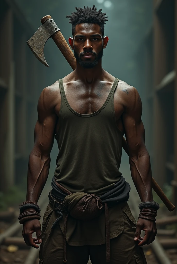 a young dark-skinned adult in a tank top with 1 hatchet