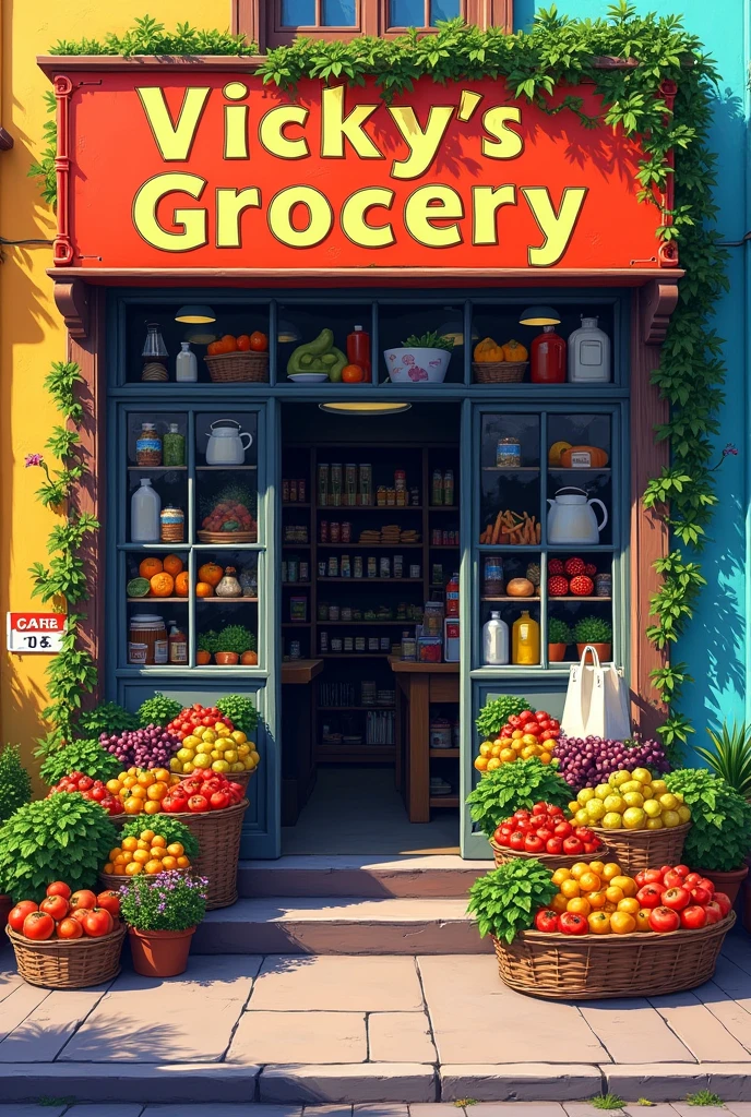 Create a painting of the exterior wall of a grocery store where they sell (fruits, vegetables, dairy products, pots and pans, handicrafts ) with bright colors and the title “Vicky's Grocery”