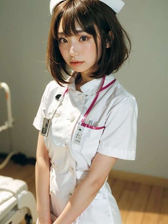 woman, alone, (Wearing white nurse clothes:1.2), (Bobcut), Shortcuts,bangs, Black Hair, nurse, Perfect Anatomy, nurse uniform, (Nurse cap), (White costume), Long skirt, hospital, Face close-up